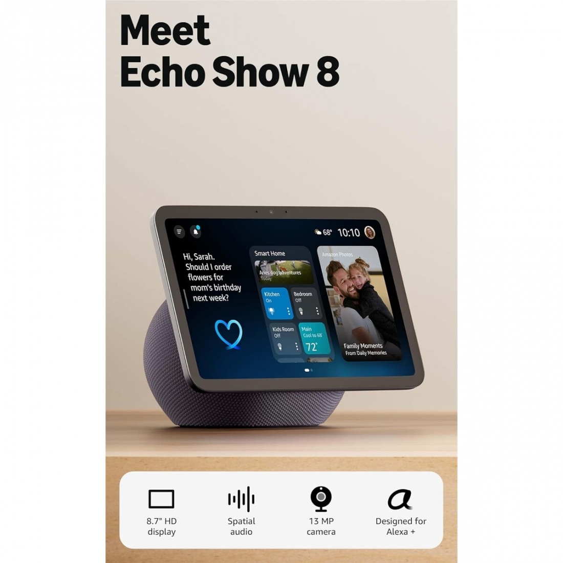 Amazon Echo Show 8 (newest model), Vibrant HD 8.7 display with spatial audio, Designed for Alexa+, Graphite