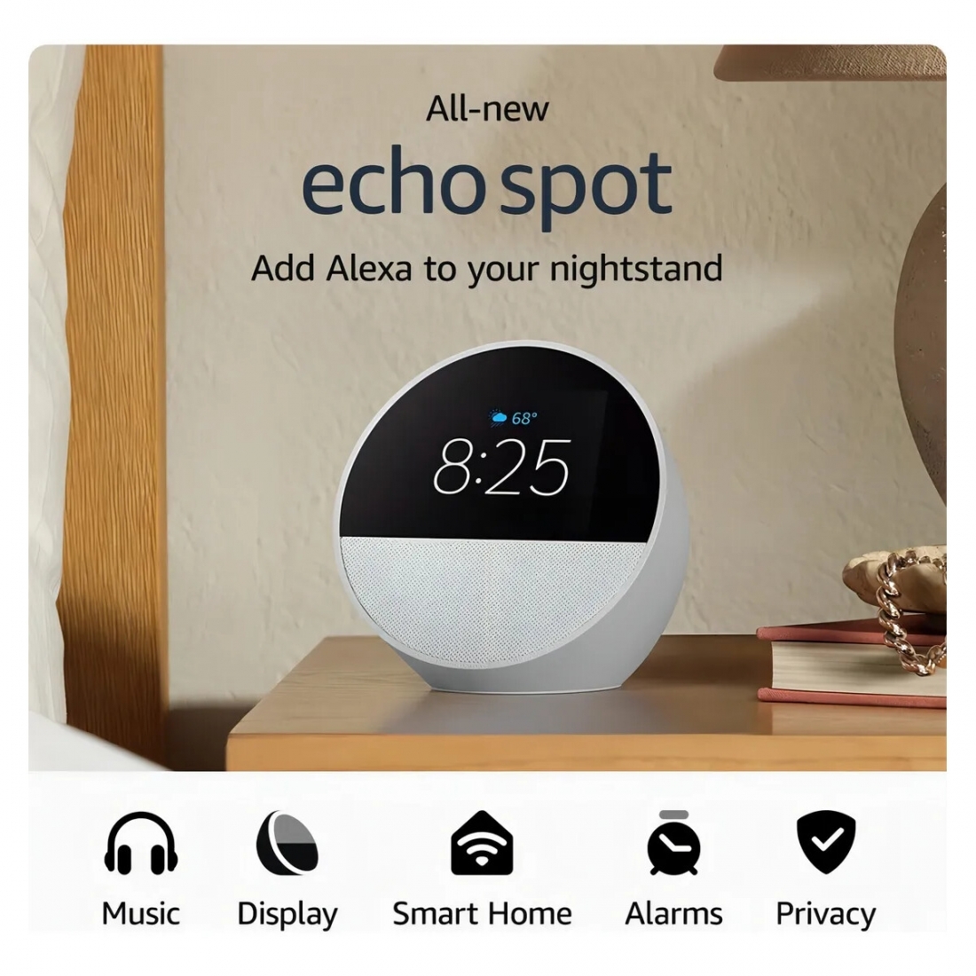 Amazon Echo Spot - Smart Alarm Clock with Vibrant Sound and Alexa (202