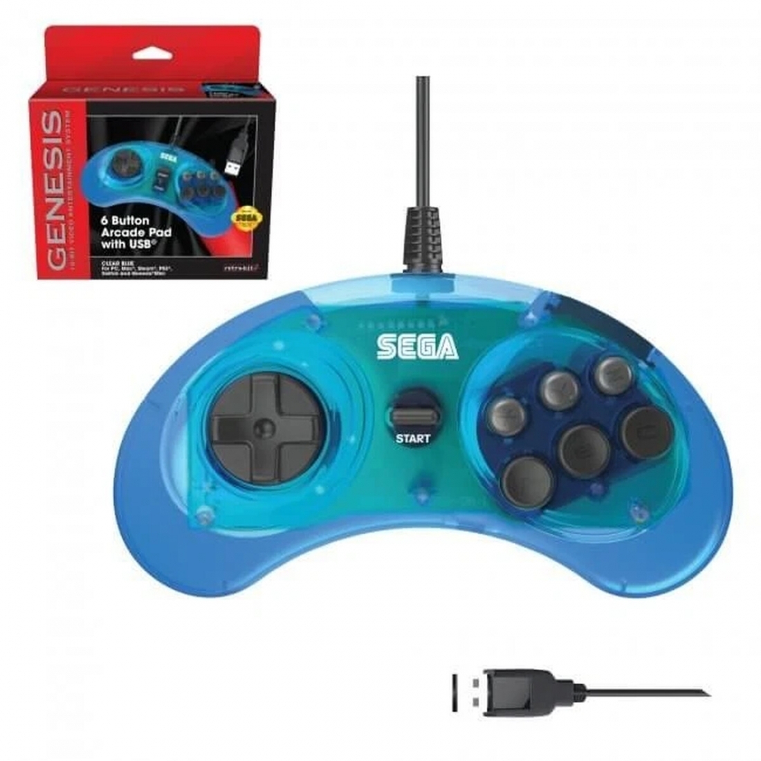 SEGA Genesis 6-button Arcade Pad - Original Port - Clear Blue