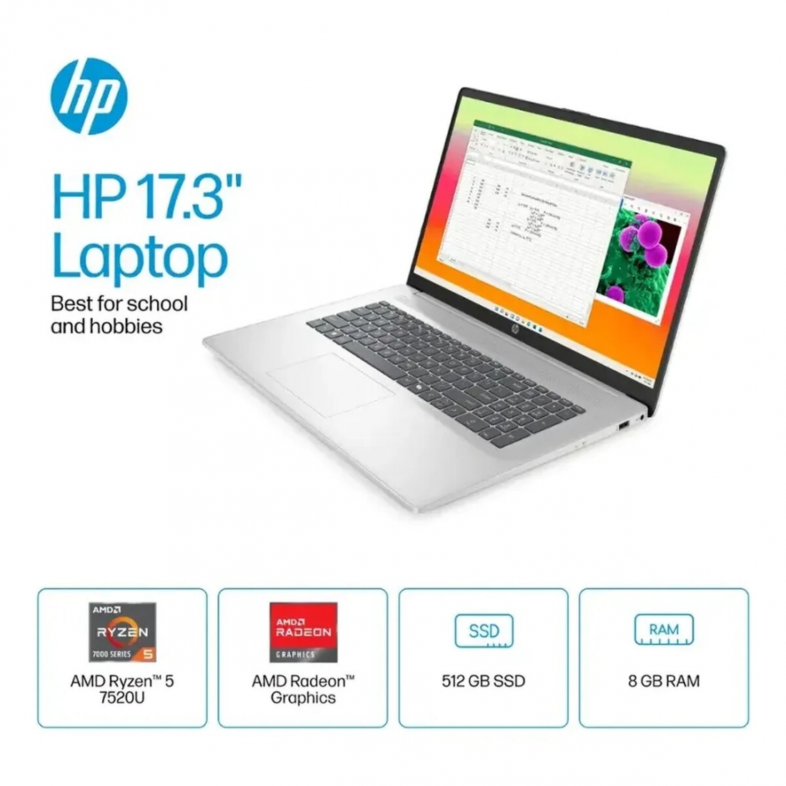 HP 17.3 FHD LapTop - AMD Ryzen 5-7520U, 8GB RAM, 512GB SSD, Natural Si