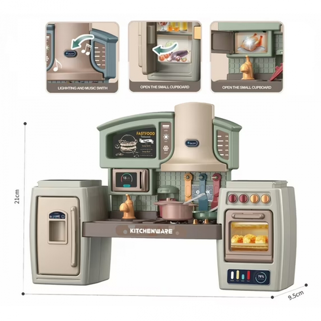 VALESSATI 2-in-1 Mini Play Kitchen Set, Sage Green/Beige, Lights & Sou