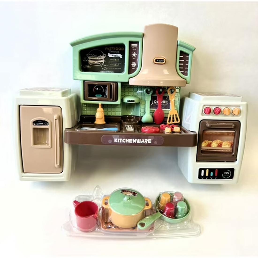 VALESSATI 2-in-1 Mini Play Kitchen Set, Sage Green/Beige, Lights & Sou