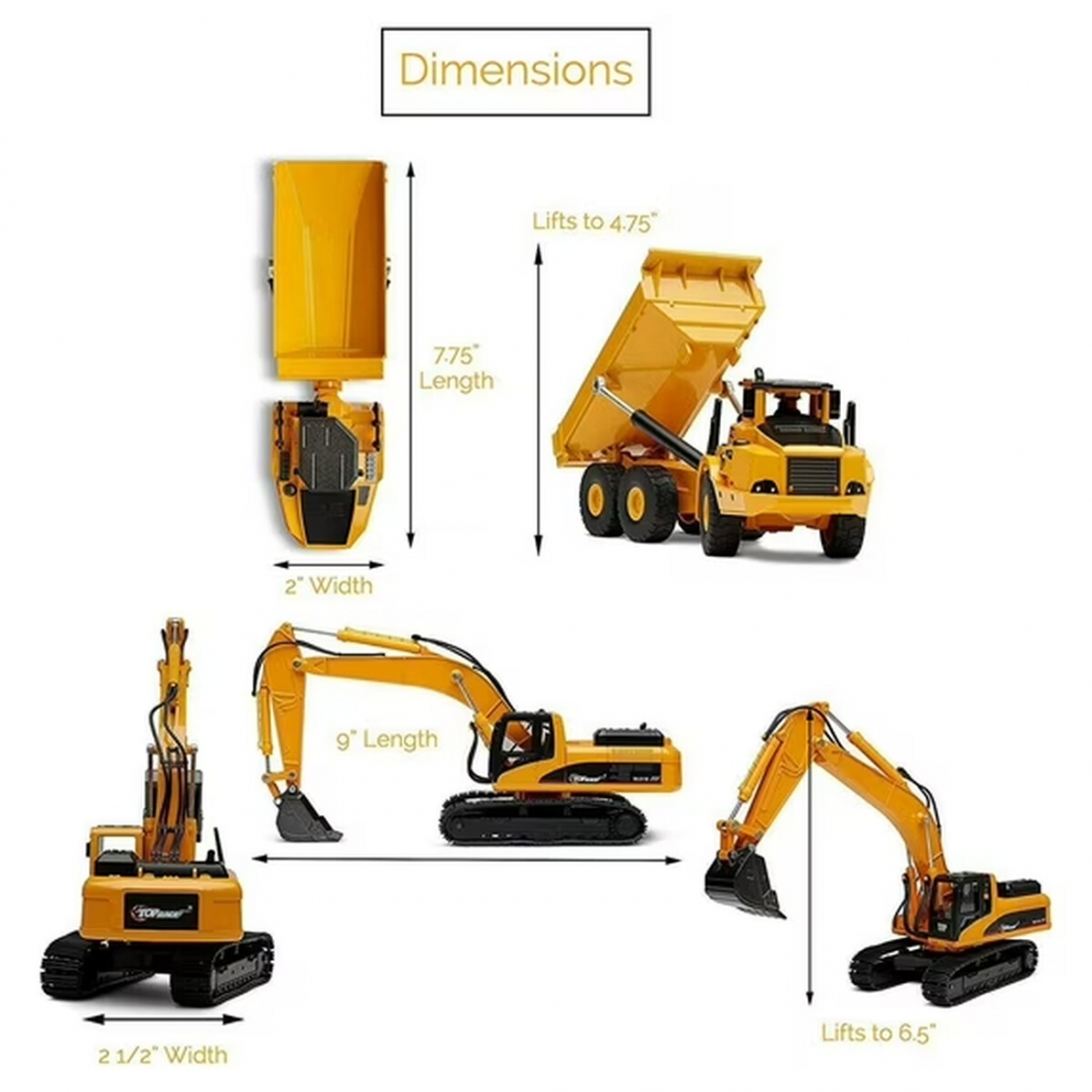 Top Race Construction Truck and Excavator Toy Set - 2 Diecast Metal Ve