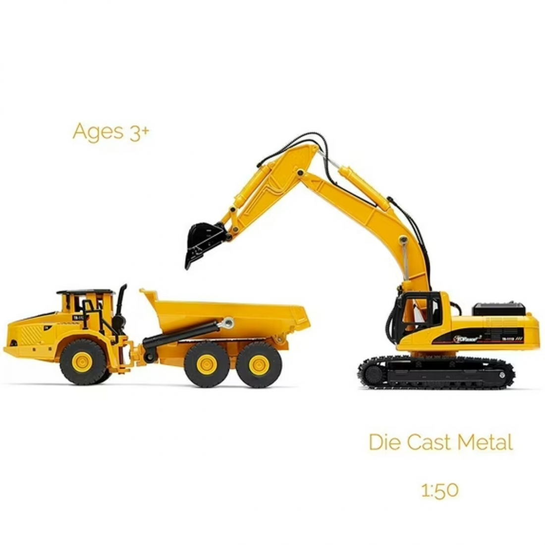 Top Race Construction Truck and Excavator Toy Set - 2 Diecast Metal Ve