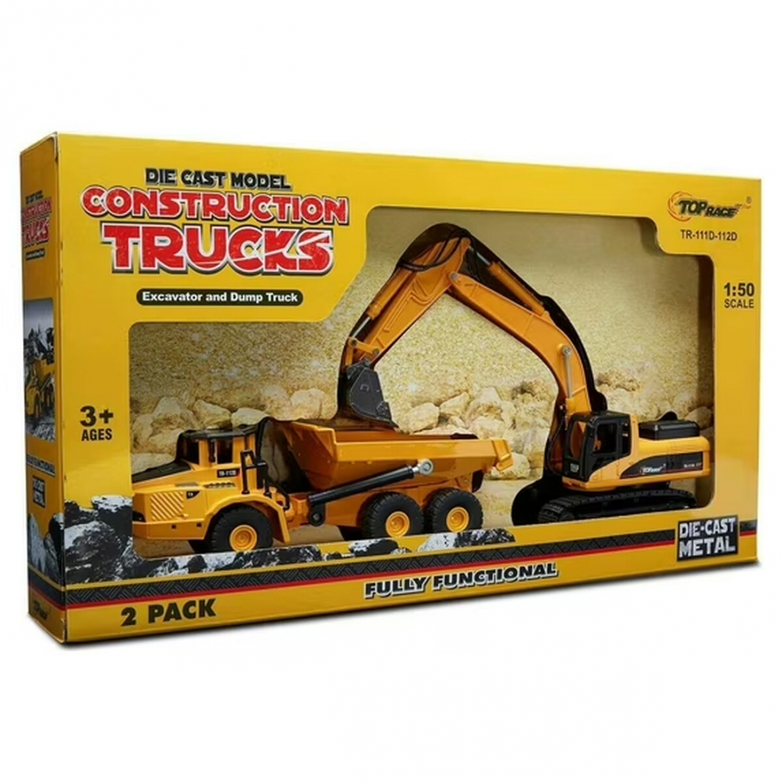 Top Race Construction Truck and Excavator Toy Set - 2 Diecast Metal Ve