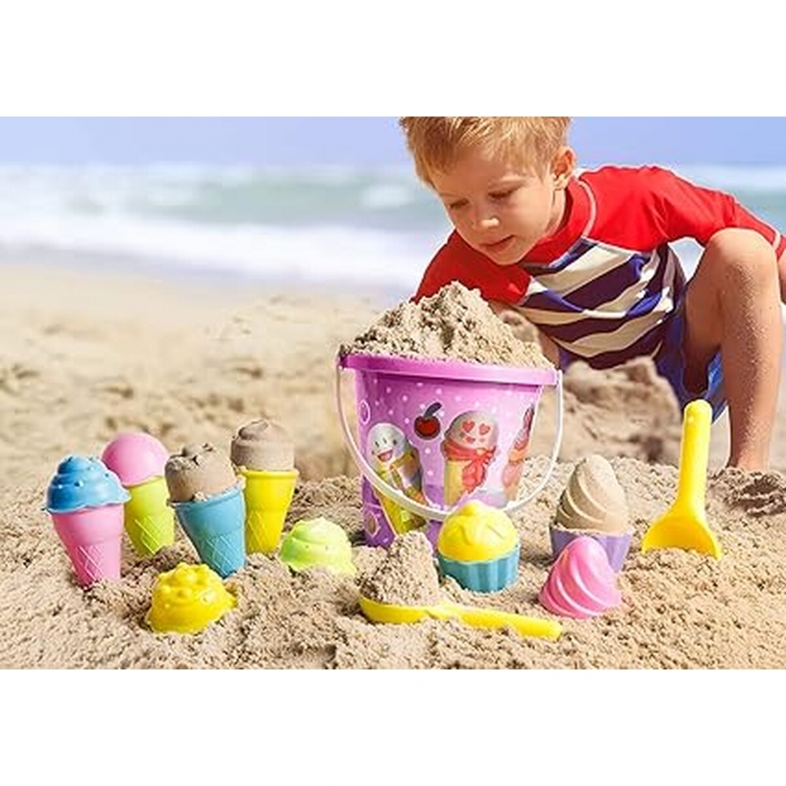 Top Race Ice Cream Sand Toys for Kids with Large 9 Bucket Pail and Spa