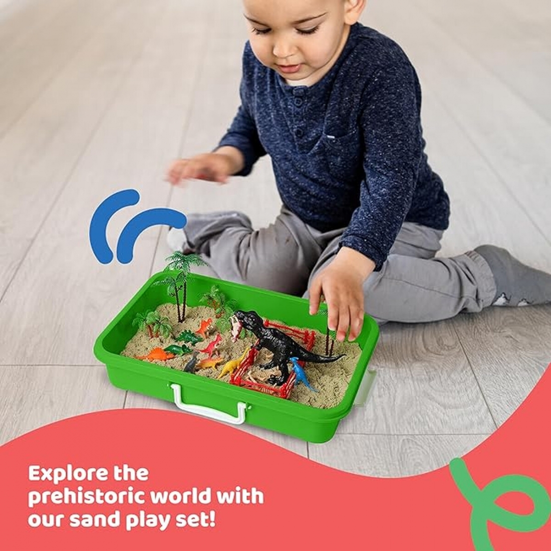 Dinosaur Play Sand Kit - Sensory Bin, 2 Bags of Sand, 34 Pieces with B