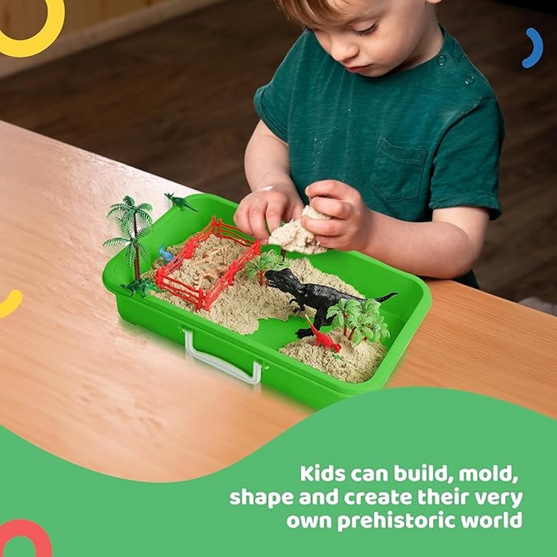 Dinosaur Play Sand Kit - Sensory Bin, 2 Bags of Sand, 34 Pieces with B