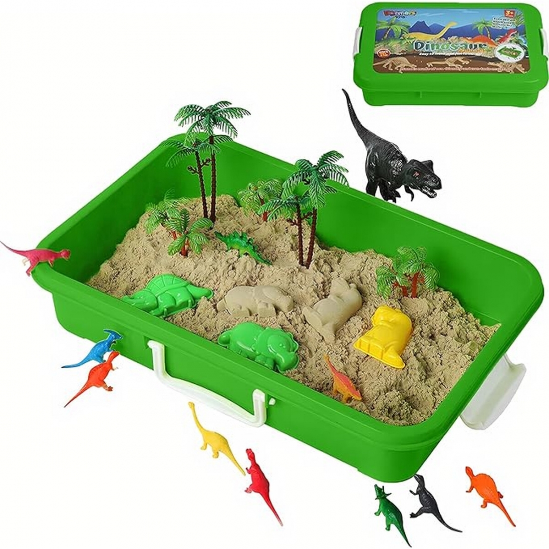 Dinosaur Play Sand Kit - Sensory Bin, 2 Bags of Sand, 34 Pieces with B
